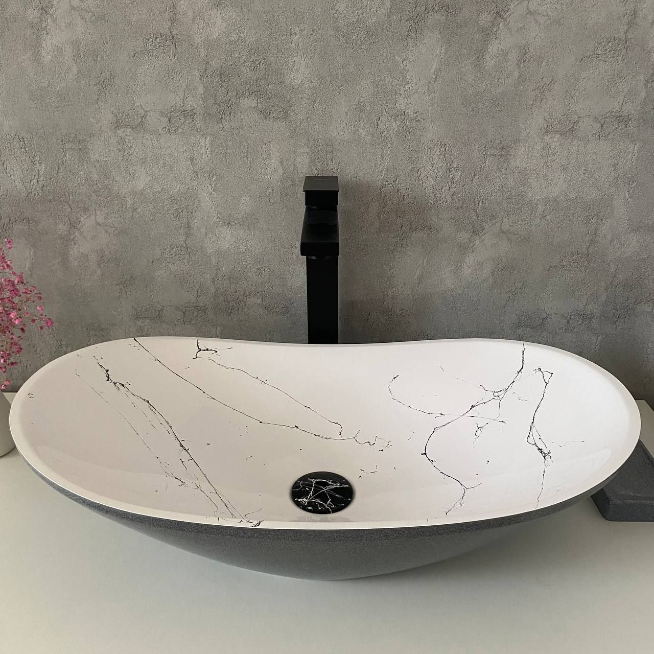 Раковина для ванной, накладная на столешницу из искусственного камня АРЕАДА "СЕРО- БЕЛЫЙ "