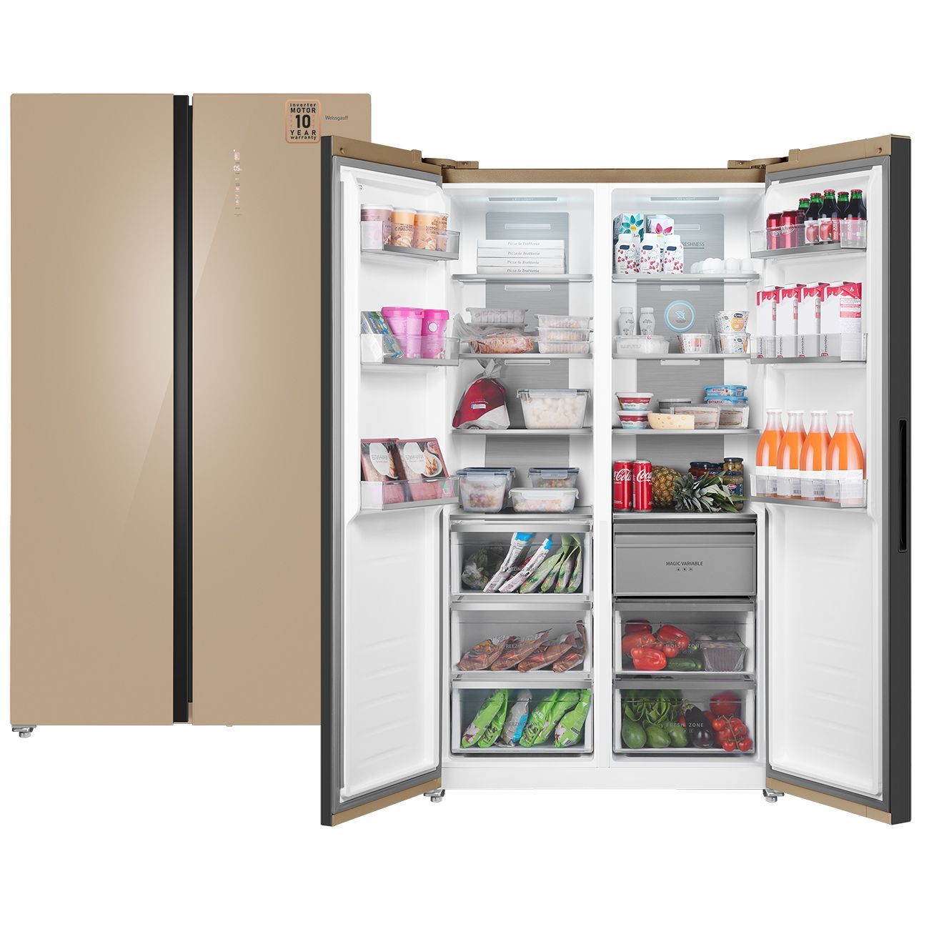 Weissgauff Холодильник Двухкамерный, Двухдверный, Side by Side WSBS 1036 Inverter NoFrost Premium Сhampagne Glass, 3 года гарантии, Полный No Frost, ИНВЕРТОР, Объём 639 л, Зона свежести, Суперохлаждение, Суперзаморозка, Сенсорное управление, Цифровой дисплей, LED освещение, A++, светло-бежевый купить на OZON по низкой цене (1619685132)