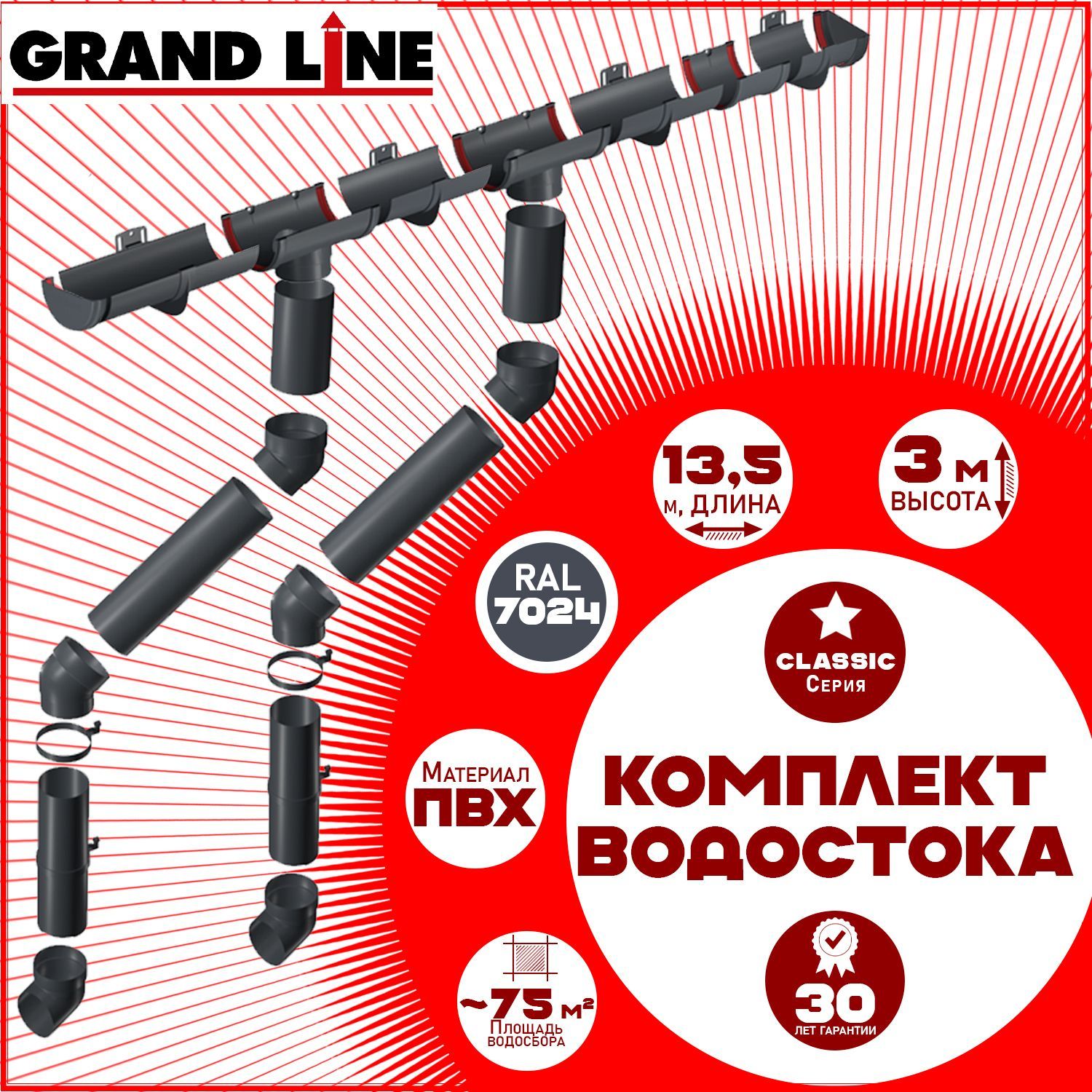 Комплект элементов водостока Grand Line на 13,5 м карниза (120мм/90мм) графит RAL 7024, водосточная система для крыши пластик Гранд Лайн ( серый ) ПВХ