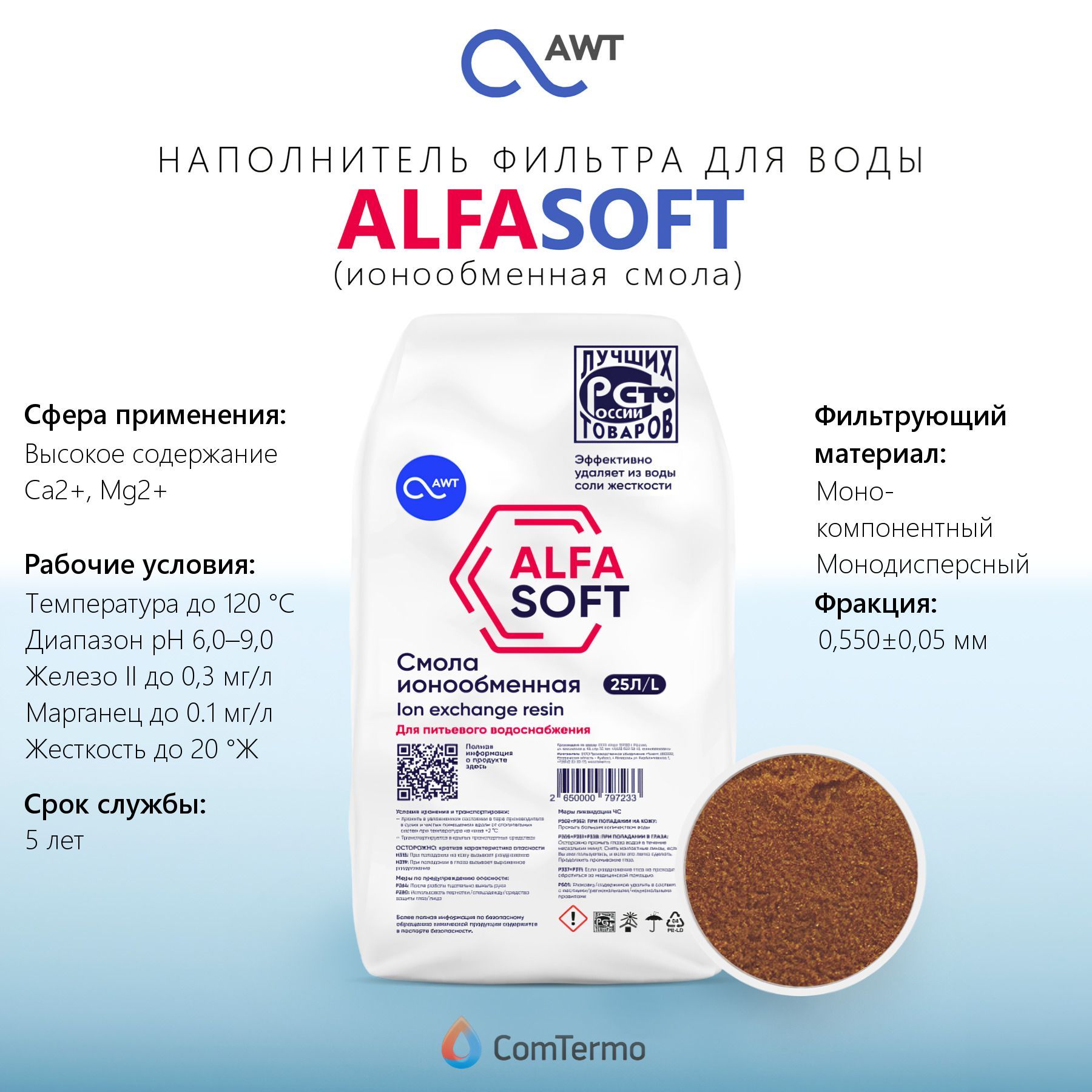 Наполнитель фильтра для воды AWT ALFASOFT - 25 л. (смола ионообменная)