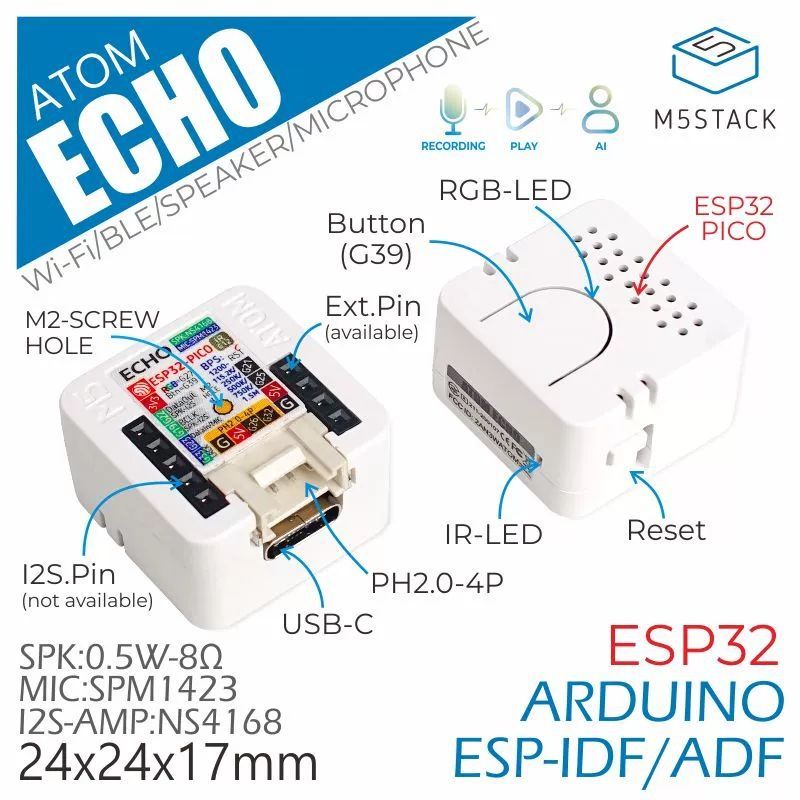 M5Stack ATOM Echo Программируемый интеллектуальный динамик, встроенный в ESP32 Bluetooth Wi-Fi, Интернет вещей