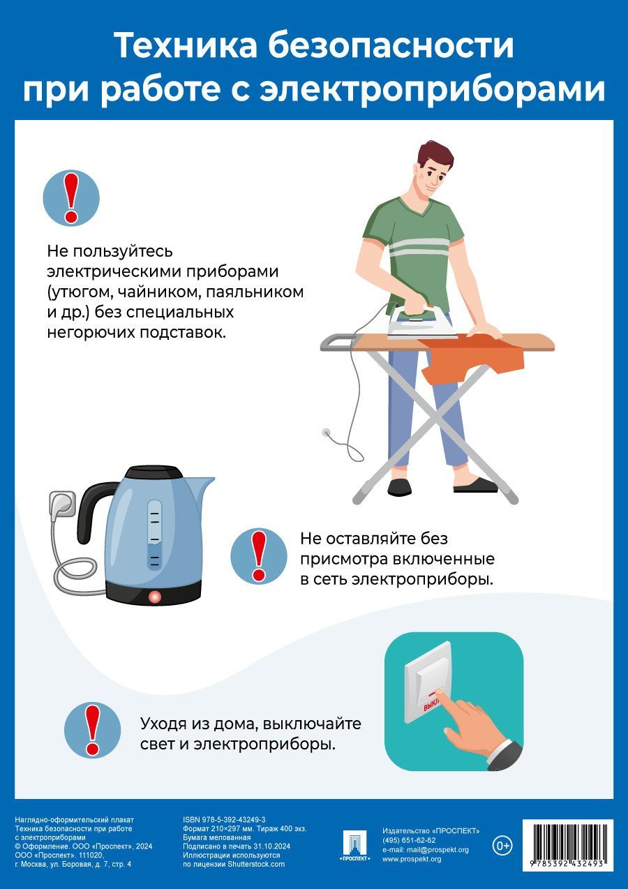 Техника безопасности при работе с электроприборами. Наглядно-оформительный плакат. Формат А4.