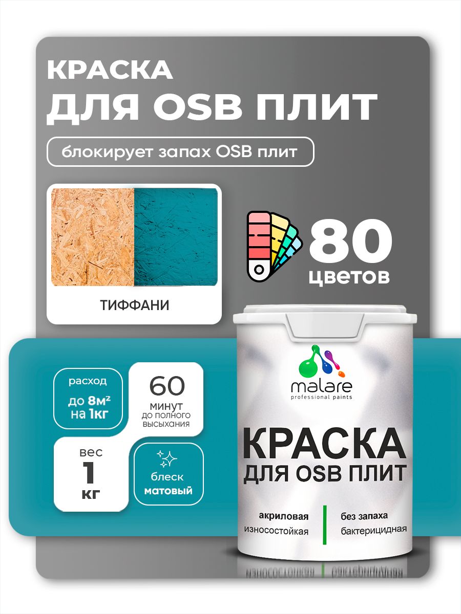 Акриловая краска для ОСБ плит Malare для дерева для наружных и внутренних работ, быстросохнущая без запаха матовая, тиффани, 1 кг