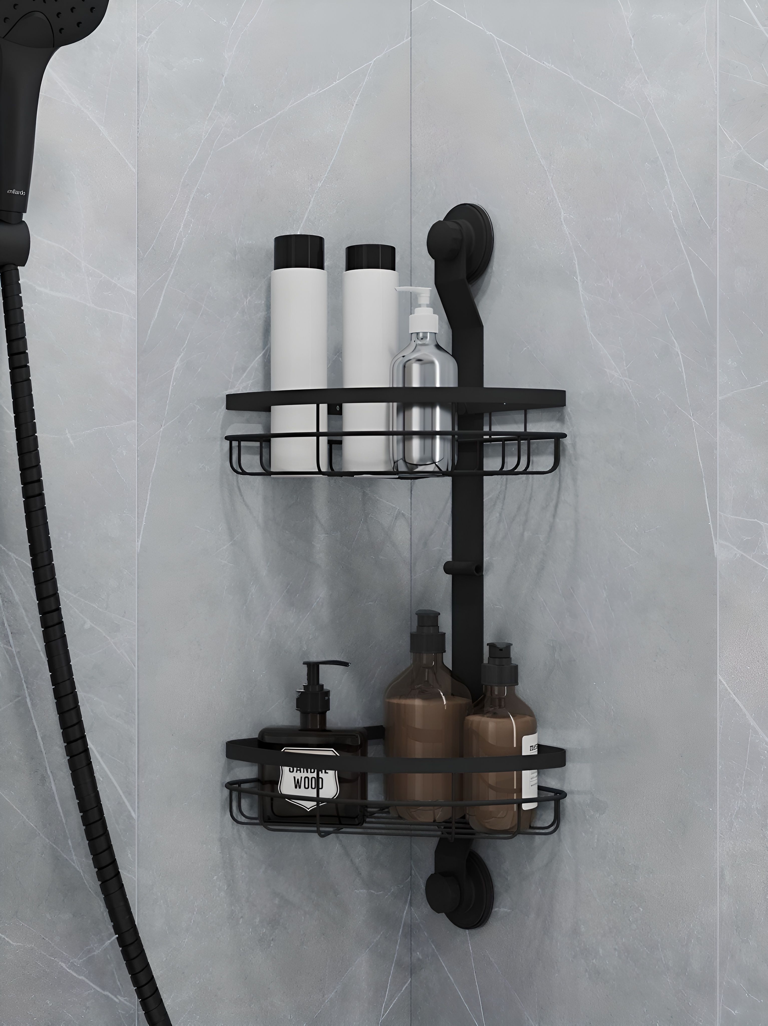 Фото товара на маркетплейсе ozon Полка для ванной настенная самоклеющаяся, двухъярусная, угловая, черный матовый, Milardo, Easy, EASCWS2M44