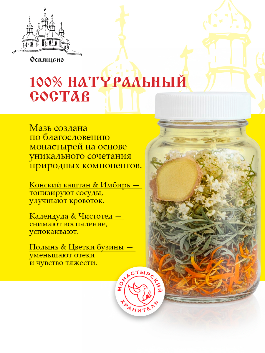 Мазь от Варикоза Монастырская для укрепления сосудов, снятия отеков и усталости ног