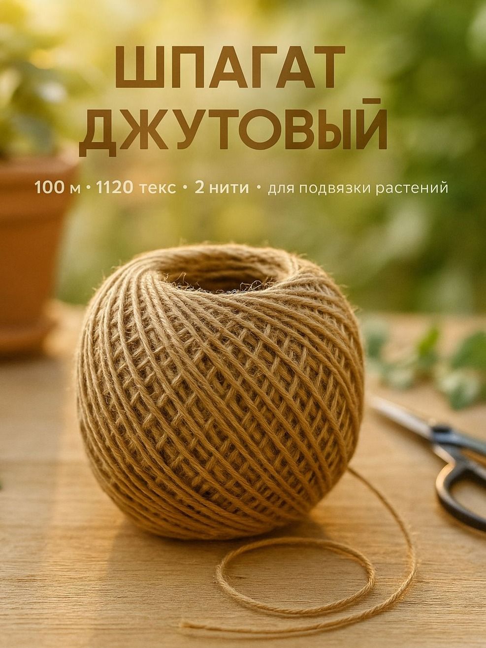 Шпагат джутовый для подвязки растений 100 м, 1120 текс, 2 нити, садовый шпагат