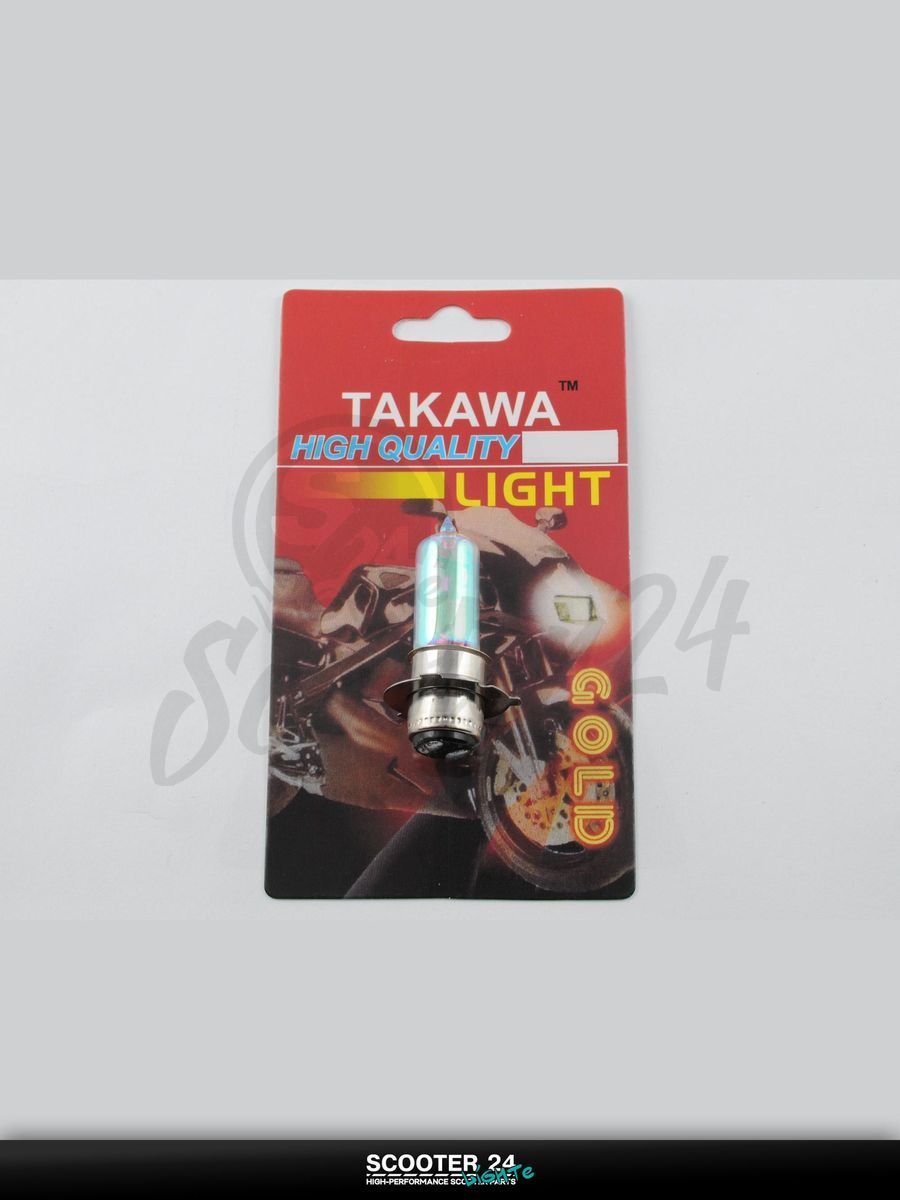 Лампа фары P15D-25-3 (3 уса) 12V 18W/18W для мототехники универсальная (хамелеон радужный) (блистер) "TAKAWA" (mod:A)