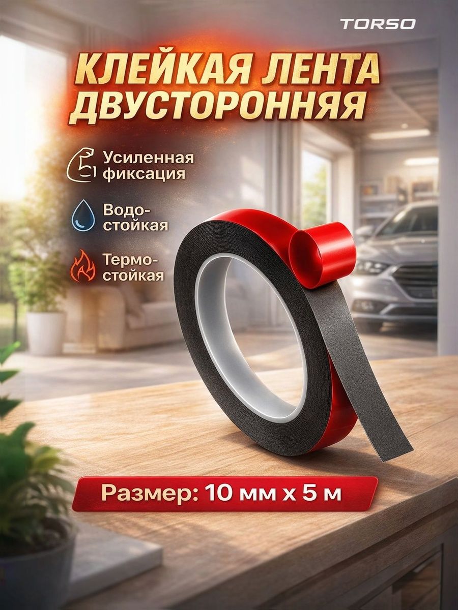 Клейкая лента двусторонняя, скотч усиленный 10 мм x 5 м