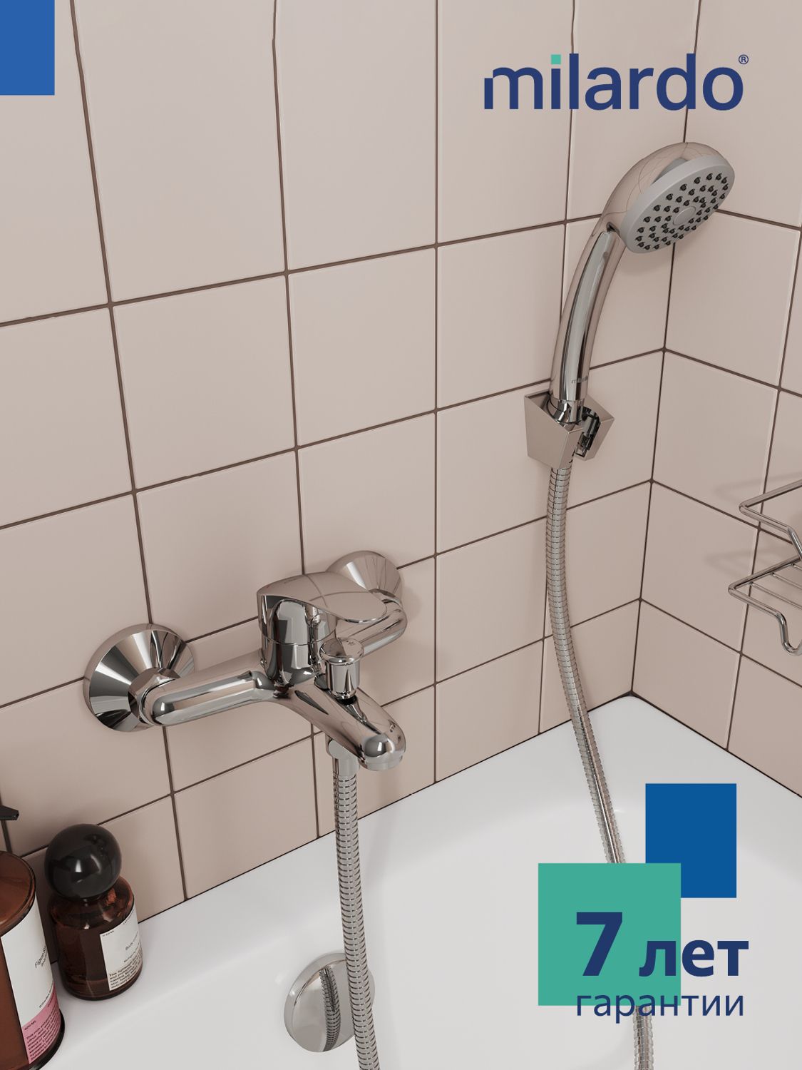 Фото товара на маркетплейсе ozon Смеситель для ванны с душем, лейка 1 режим, шланг 1,5 м, хром глянцевый, Milardo, Simp, SIMSB00M02