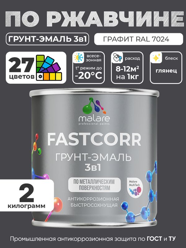 Грунт-эмаль по ржавчине 3 в 1 Malare FastCorr краска для металла, антикоррозионная износостойкая быстросохнущая RAL 7024, графитово-серый(темный), глянцевая, 2 кг.