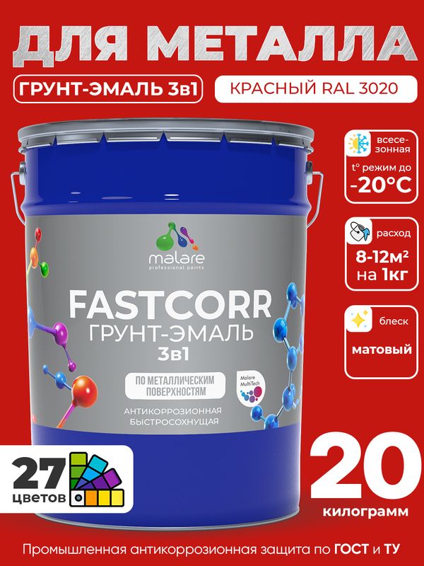 Грунт-эмаль по ржавчине 3 в 1 Malare FastCorr краска для металла, антикоррозионная износостойкая быстросохнущая RAL 3020, красный, матовая, 20 кг.