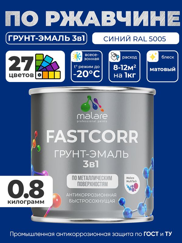 Грунт-эмаль по ржавчине 3 в 1 Malare FastCorr краска для металла, антикоррозионная износостойкая быстросохнущая RAL 5005, синий, матовая, 0,8 кг.
