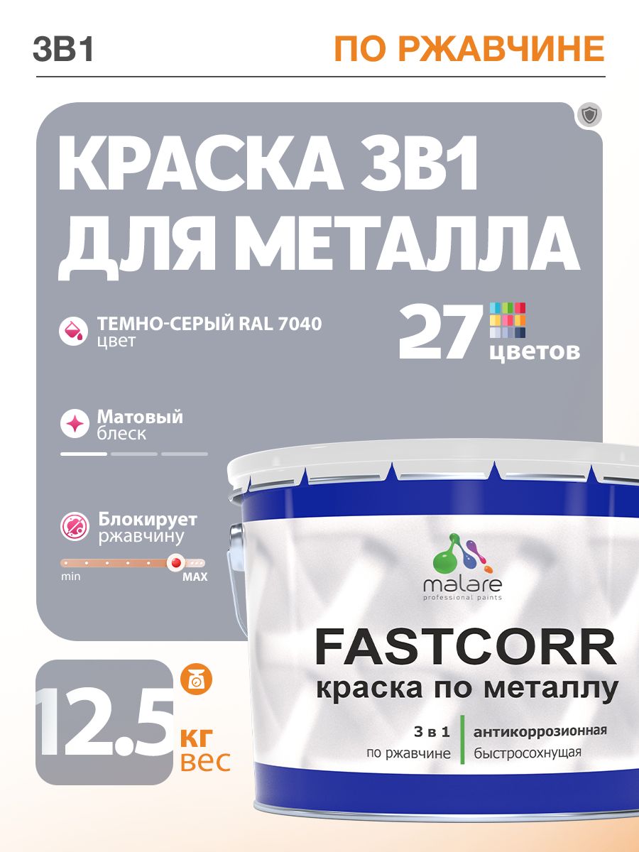 Краска для металла по ржавчине Malare FastCorr, для наружных работ износостойкая, быстросохнущая RAL 7040 темно-серый, матовая, 12,5 кг