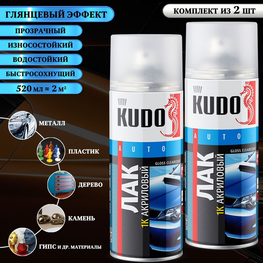 Лак KUDO, 1К акриловый, глянцевый, аэрозоль, 520 мл, упаковка 2 шт  #1