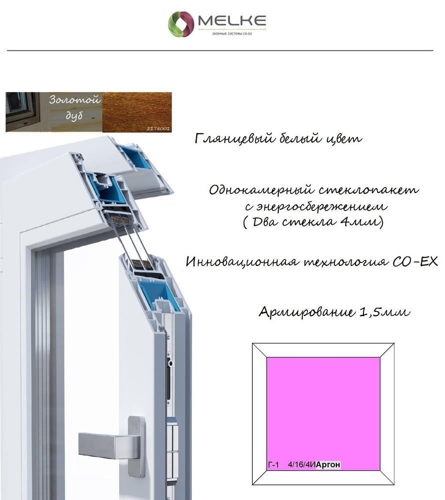 Окно ПВХ (ШхВ) 400х1000 Melke 60 мм, одностворчатое, глухое,1 камерный стеклопакет с энергосбережением, #1