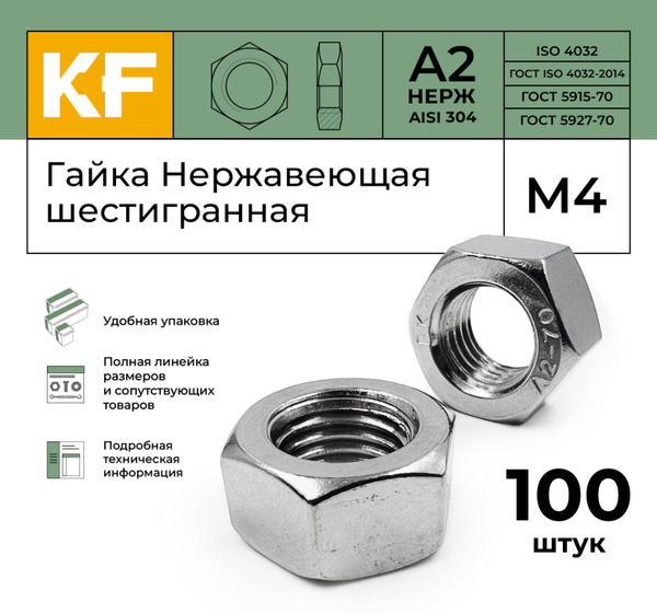 Гайка Нержавеющая М4 DIN 934 А2 шестигранная 100 шт. - купить с ...