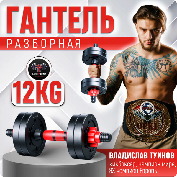 Гантели БЛИН-да-ГРИФ разборная для фитнеса 2023, 1 шт. по 12 кг, черный ...