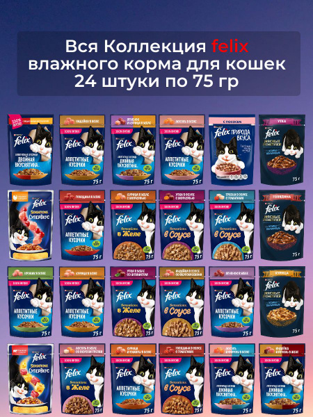 Вся коллекция Феликс, влажного корма для кошек ассорти из 24 штук по ...