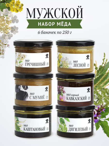Набор меда "Мужской" 6 стеклянных банок по 250 г, набор меда ассорти ...