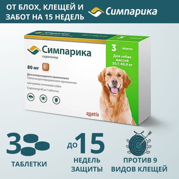 Zoetis Симпарика таблетки для собак от блох и клещей 80 мг (от 20 - 40 ...