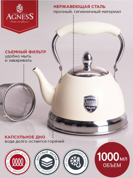 Чайник AGNESS с фильтром, 1 л индукционное капсульное дно и ...