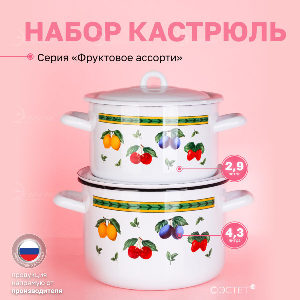 Набор кастрюль с крышкой "ЭСТЕТ" эмалированные 2.9 и 4.3 литра ...