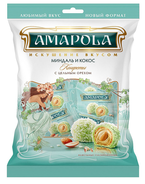 Характеристики Конфеты Amapola Миндаль и Кокос вафельные, 120гр ...
