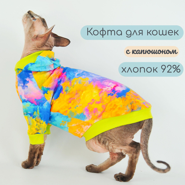 Одежда для кошек и котов - трикотажная кофта с капюшоном и ярким ...