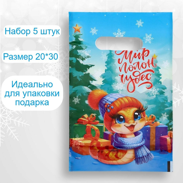 Пакет новогодний 5 штук 20 *30 . Пакет подарочный набор . Упаковка для ...