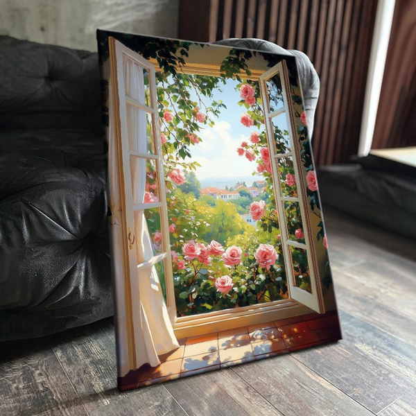 Картина на холсте (окно, розы, сад, пейзаж, лето, солнце, цветы) 20x30 ...