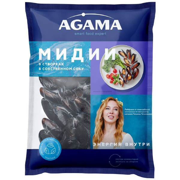 Мидии в створках Agama в собственном соку варёно-мороженые, 450г купить ...