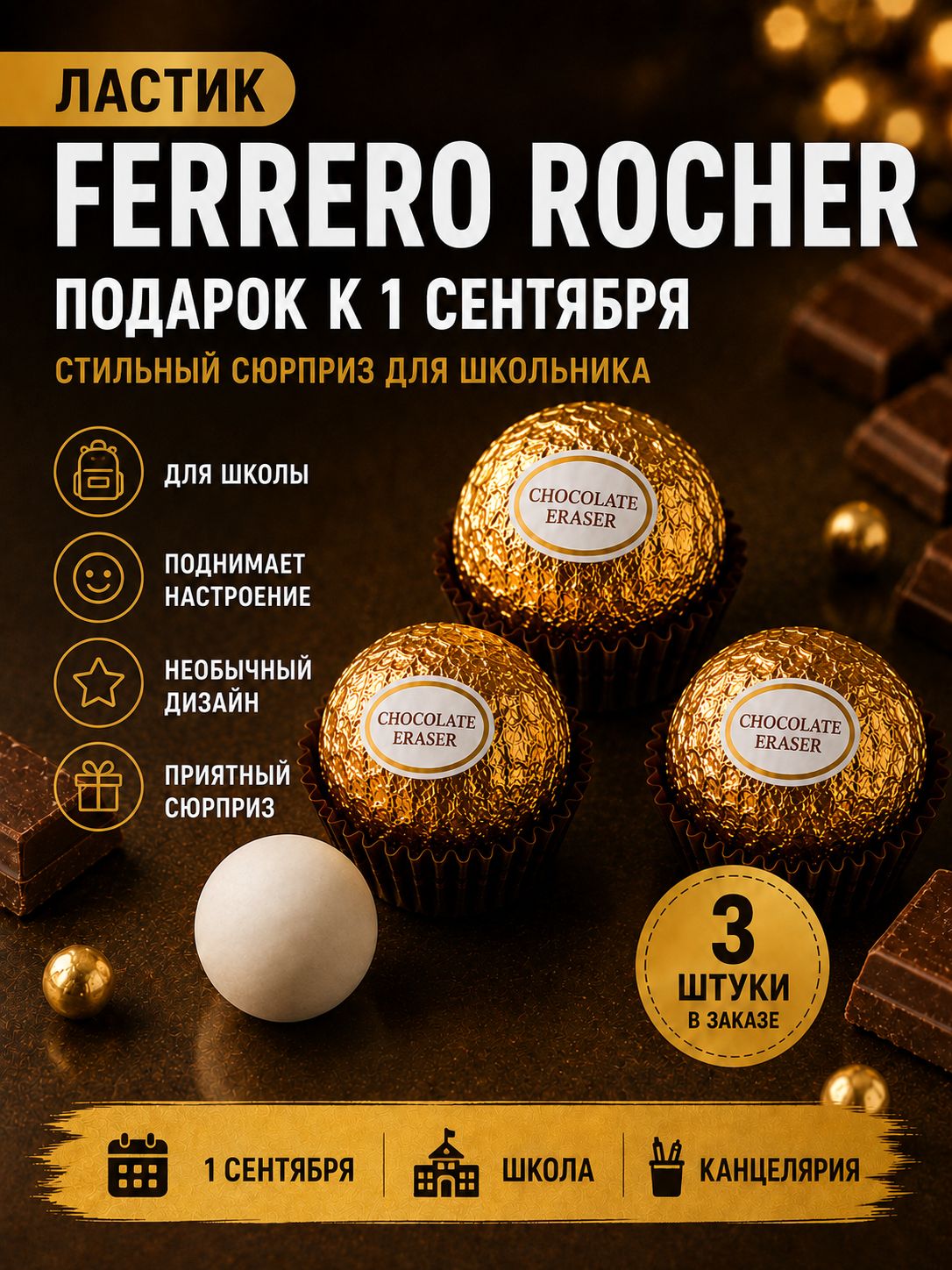 Уникальный подарок. Ластик-шар в виде шоколадной конфеты, 3 шт.