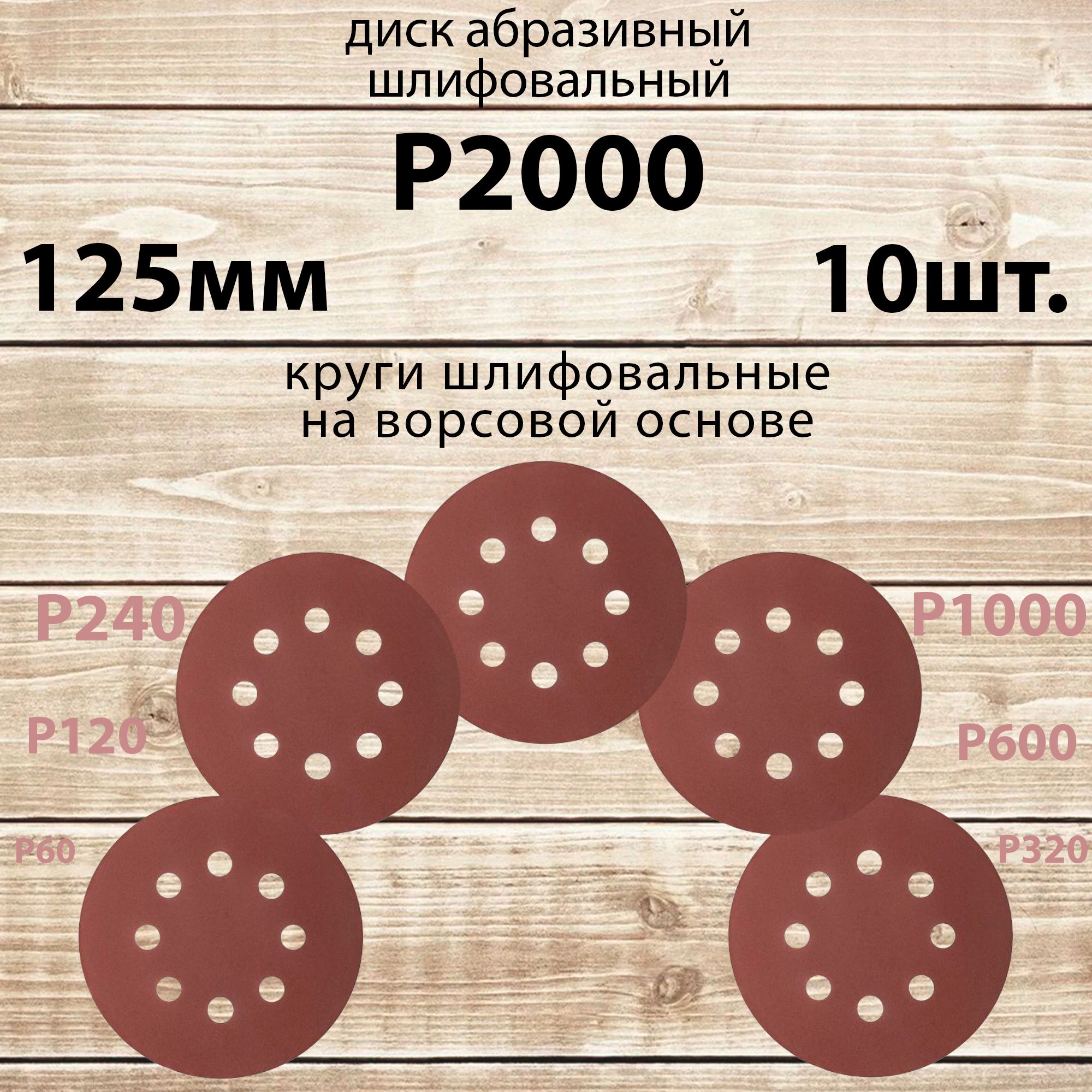 Круг шлифовальный 125 мм на липучке, P2000 (10 штук), диск шлифовальный на ворсовой основе /диск абразивный