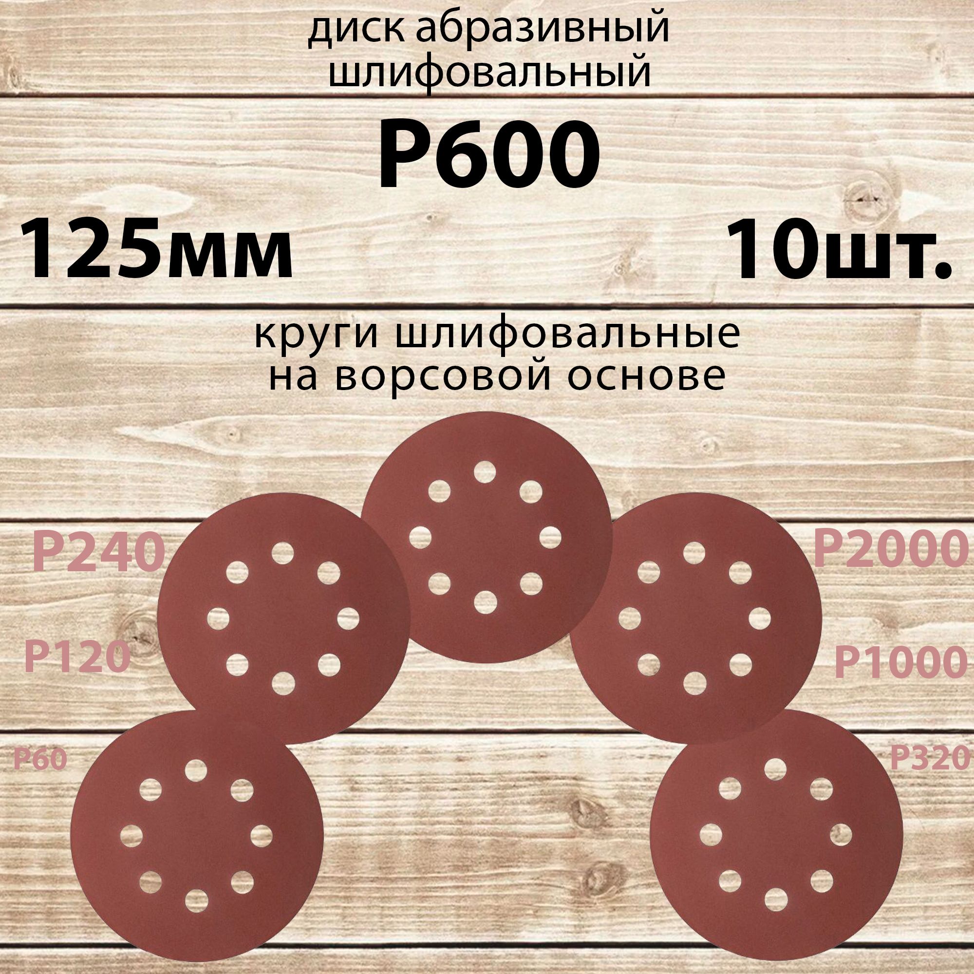 Круг шлифовальный 125 мм на липучке, P600 (10 штук), диск на ворсовой основе /диск абразивный