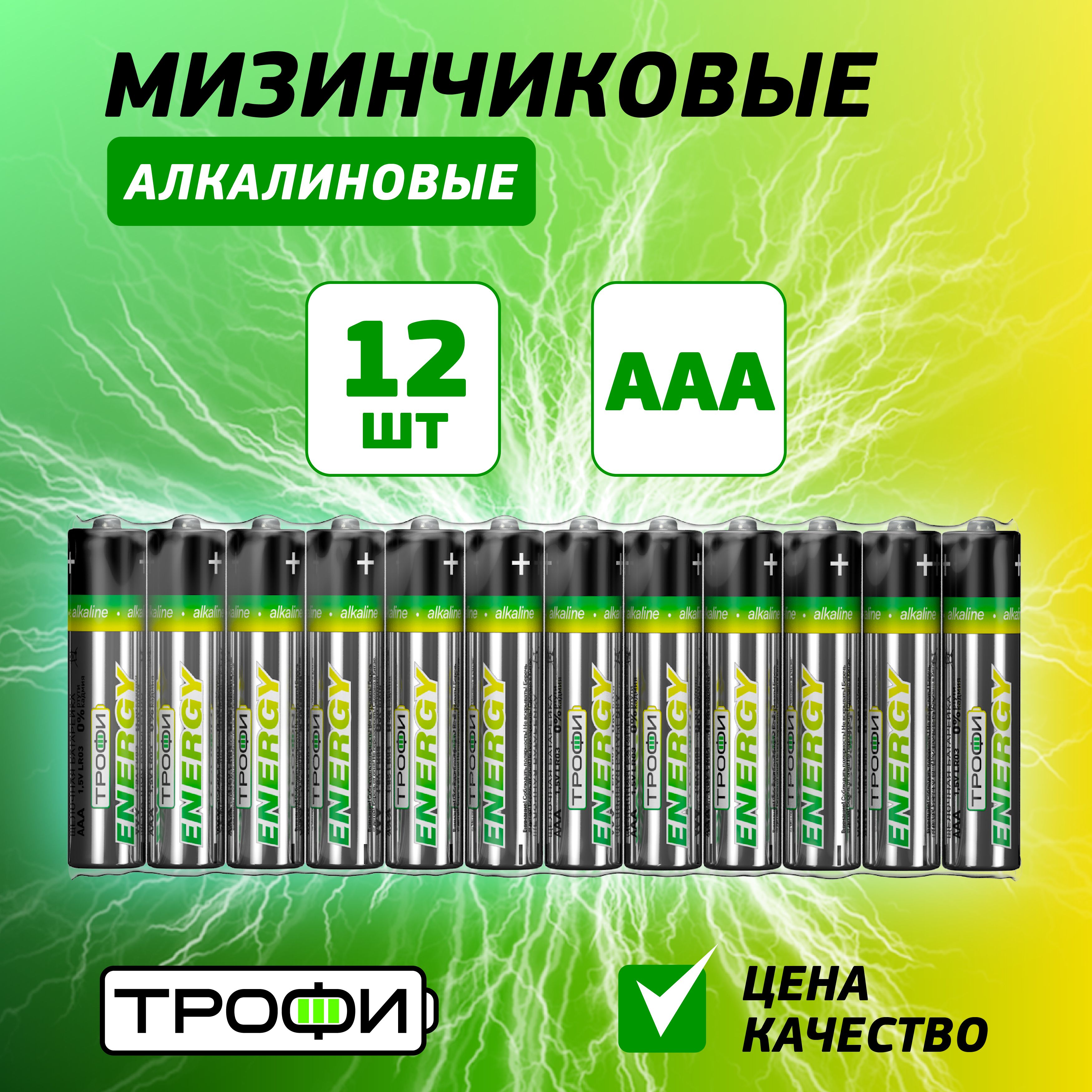 Батарейки мизинчиковые ААА Трофи LR03-12S ENERGY Alkaline, 12 штук