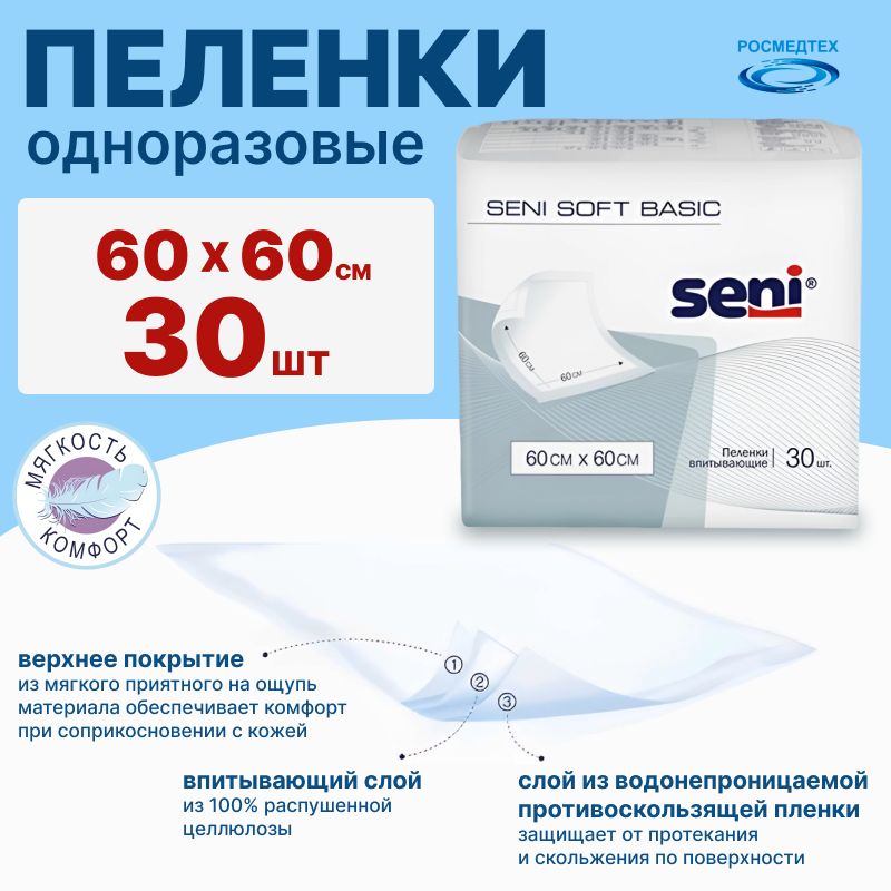 Пеленки одноразовые медицинские Seni Soft 60 x 60 см 30 шт