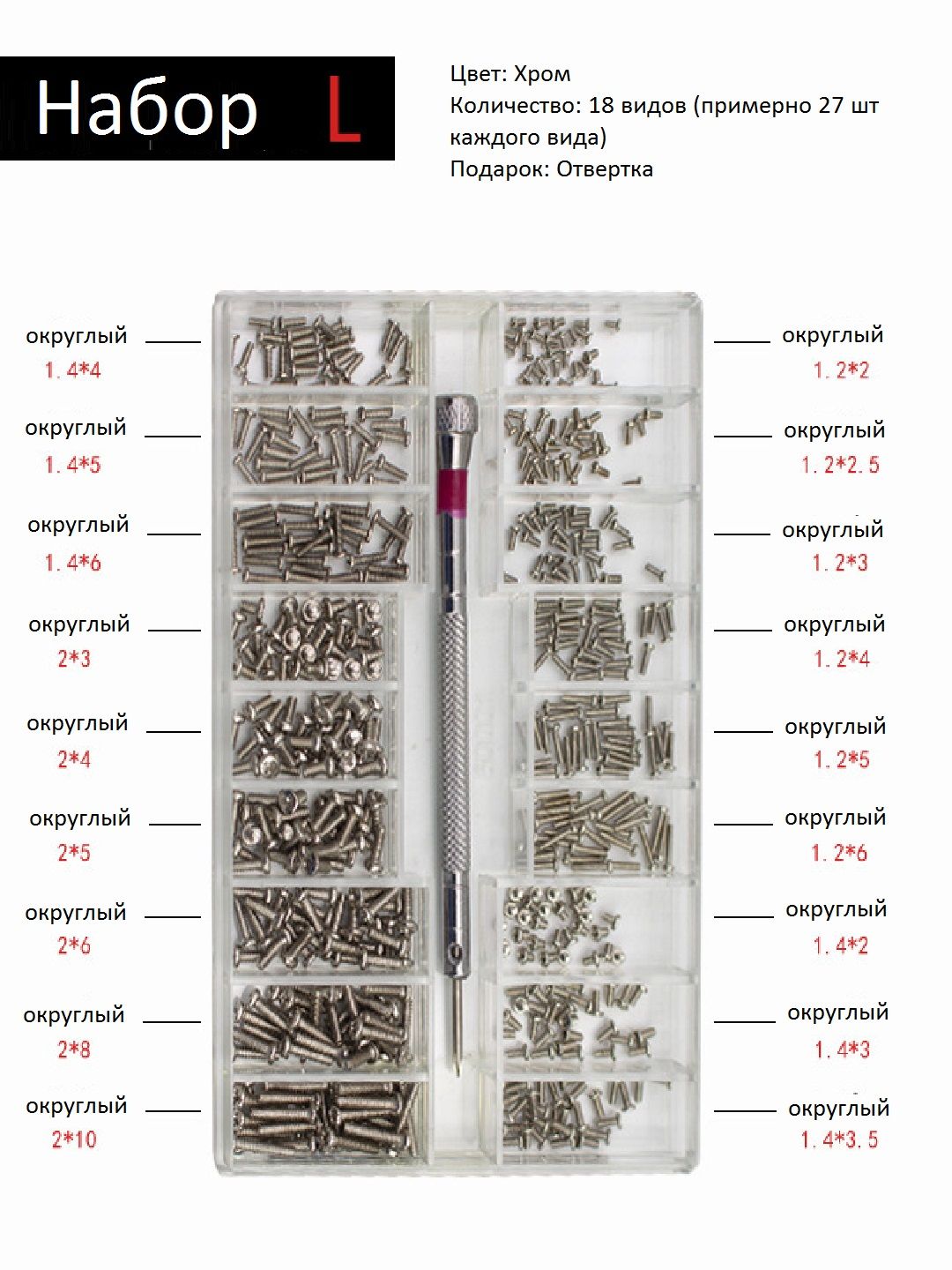 Набор винтов "L" с округлой головкой, в кейсе, хром, 18 видов
