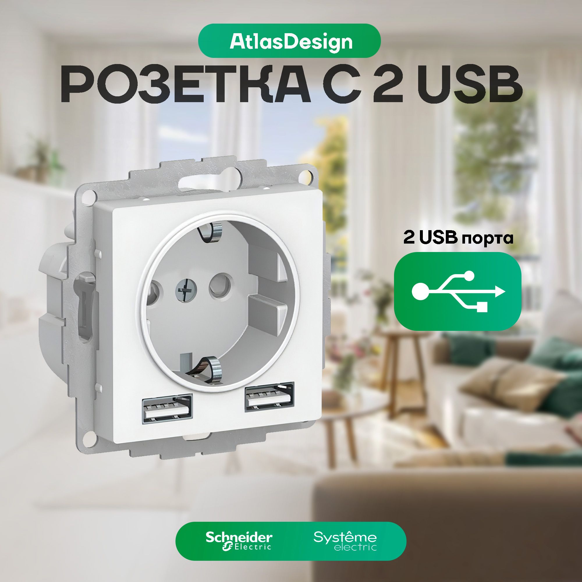 Розетка 16А с 2 USB-портами Schneider Electric AtlasDesign, белая - купить  по низкой цене в интернет-магазине OZON (1355500017)