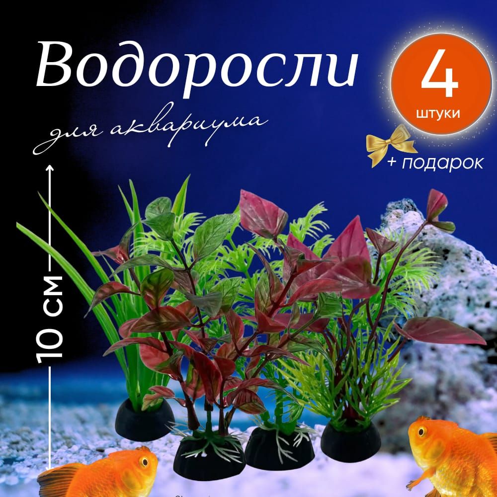 Набор 4 в 1 Растения для аквариума водоросли высота 10 см + подарок /  Растения аквариумные искусственные / водоросли