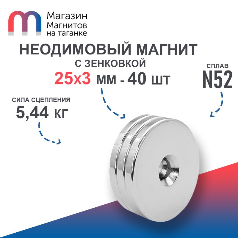 Неодимовый магнит усиленный диск st 25х3 мм с зенковкой 4.5/7.5 (N52) - 40 шт