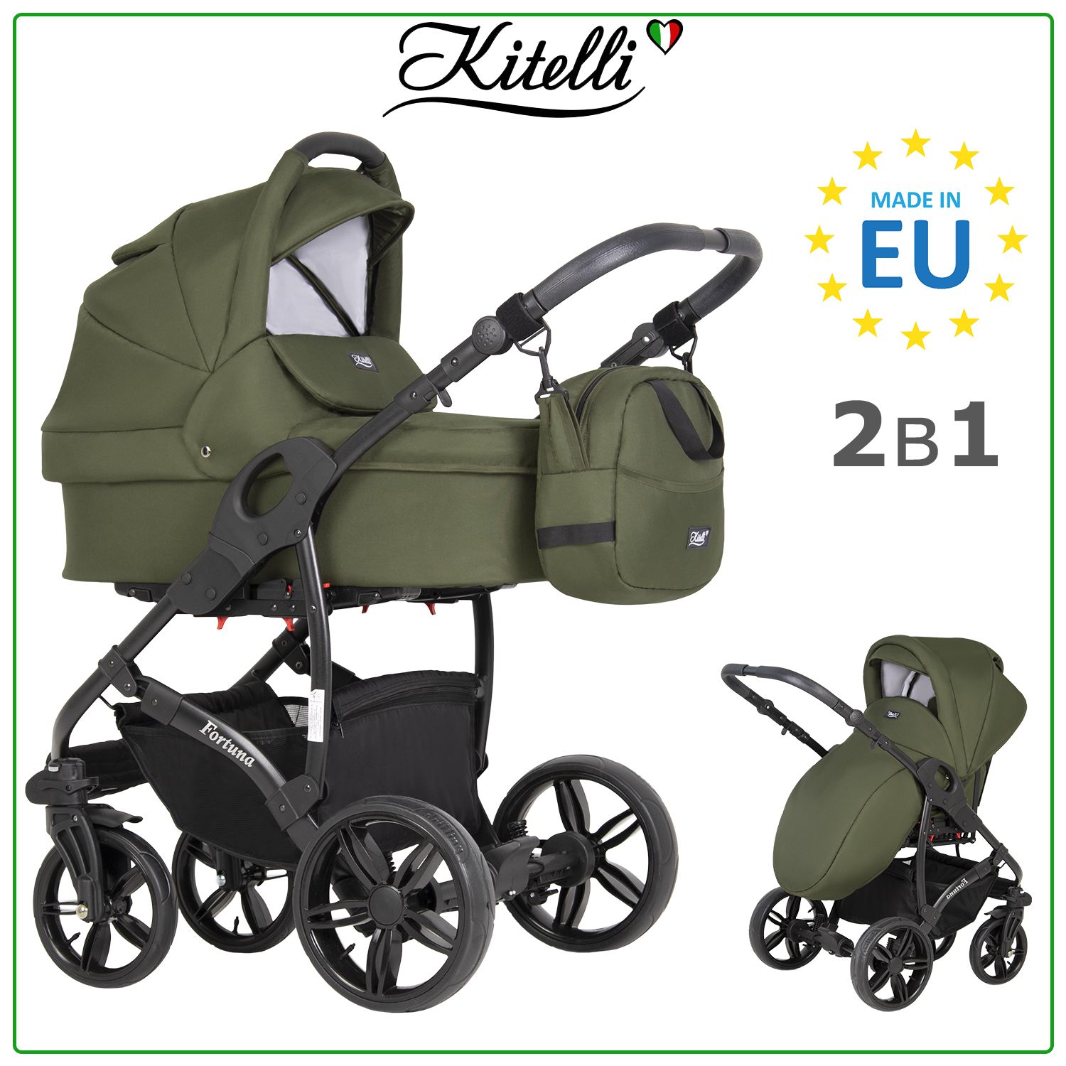 Коляска детская универсальная 2 в 1 Kitelli Fortuna / 7 / хаки, рама черная