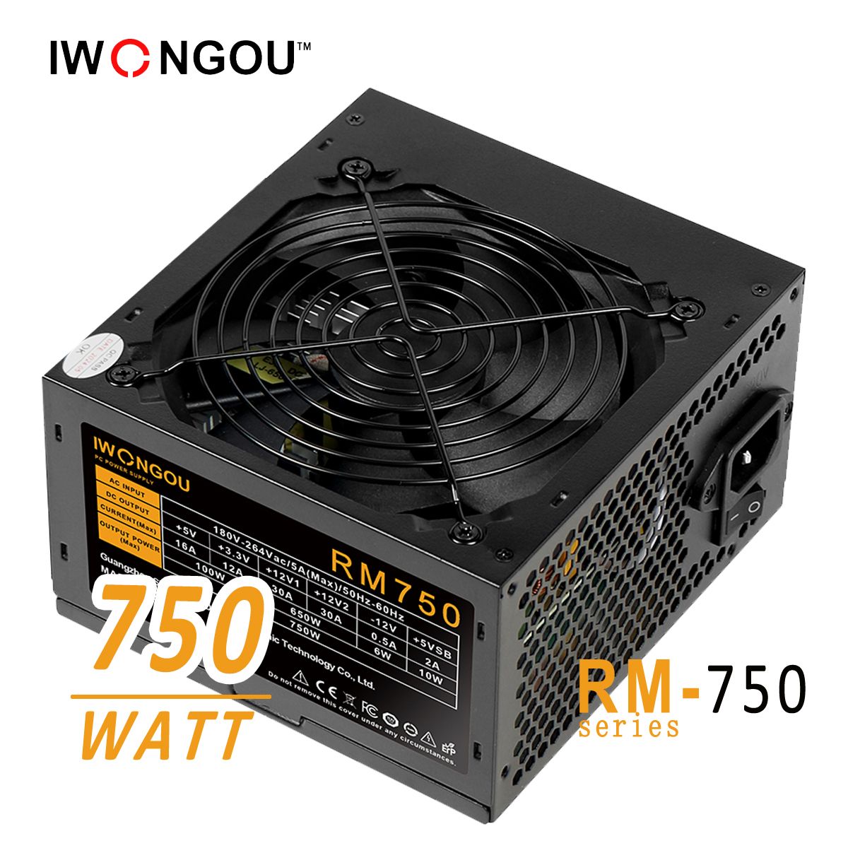 IWONGOUБлокпитаниякомпьютераATX,12CMкулер,20+4p,2*CPU(4+4),2*PCI-E(6+2),5*SATA,3*IDE,кабельпитания,750Вт