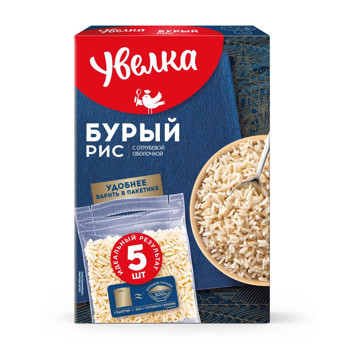 Рис Увелка бурый, в пакетах для варки, 400 г