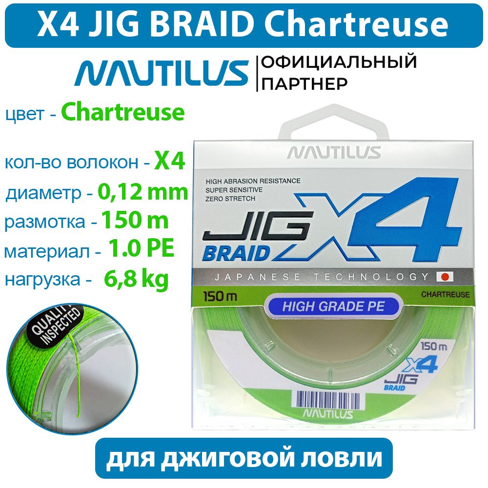 ШнурNautilusX4JigBraidChartreused-0.12мм6.8кг1,0PE150м