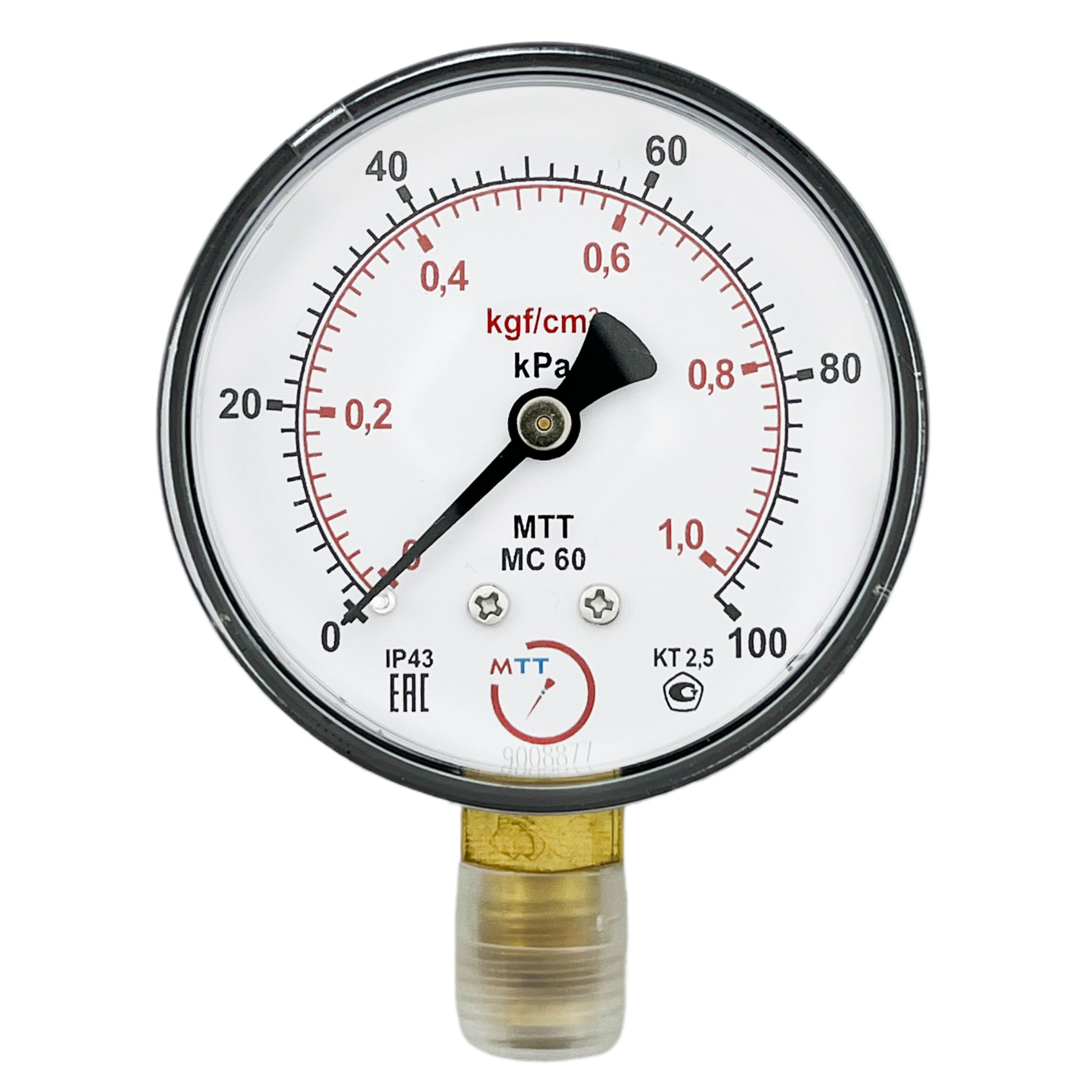 Манометр МС60 давление 0-100 кПа (1 бар) резьба М12х1.5 класс точности 2,5 корпус 62 мм. поверка 2 года