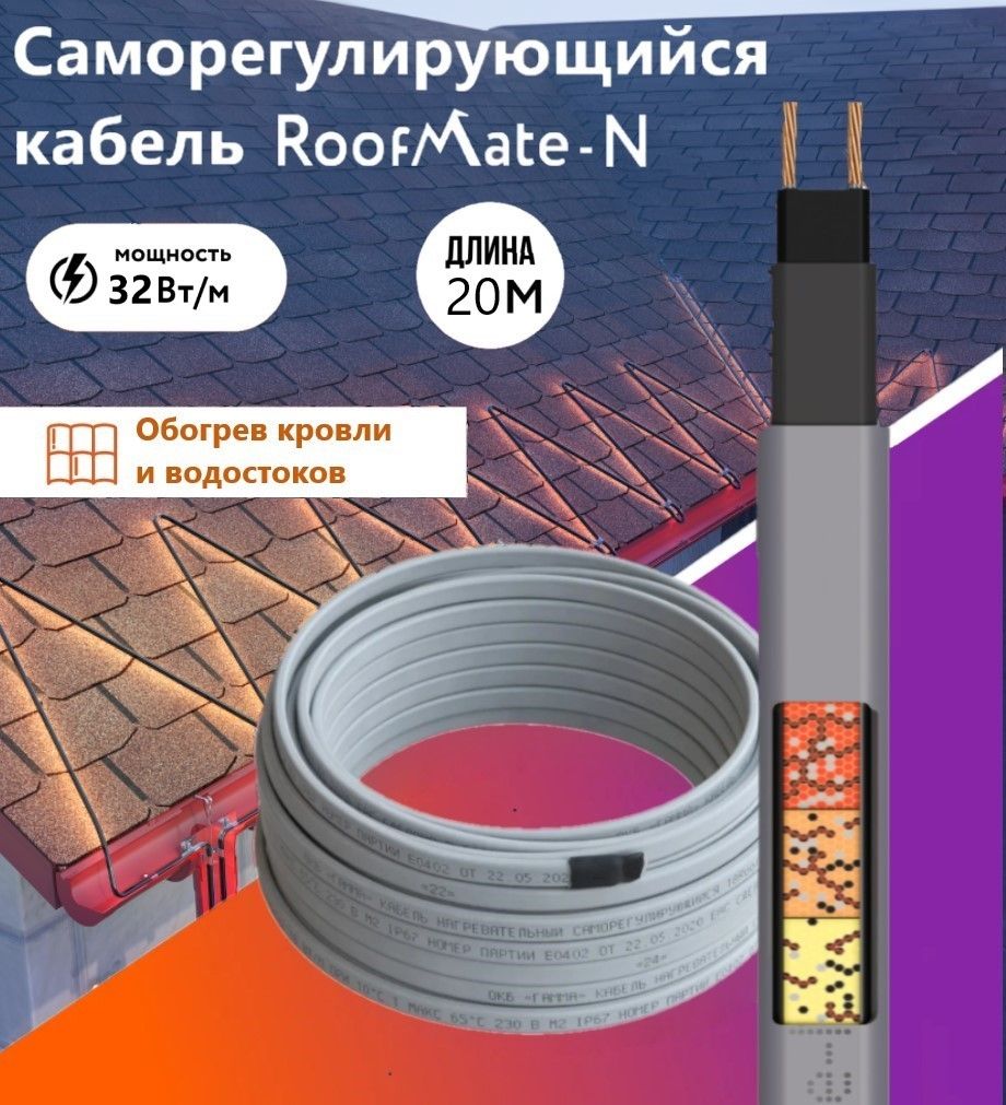 ГреющийкабельдляобогревакровлииводостоковRoofMate-N,32Вт.,бухта20м.