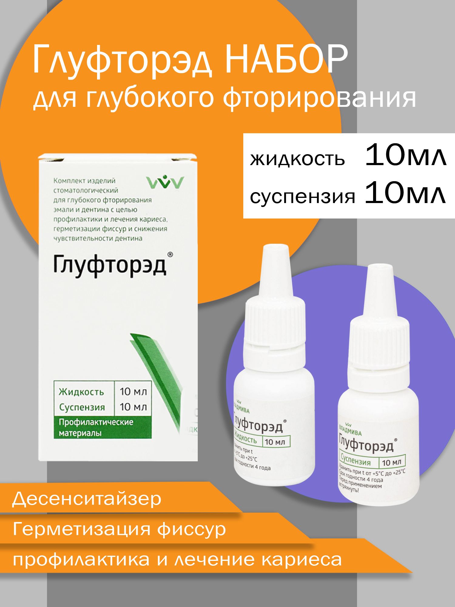 Глуфторэд 10мл+10мл, набор для глубокого фторирования эмали и дентина. ВладМиВа