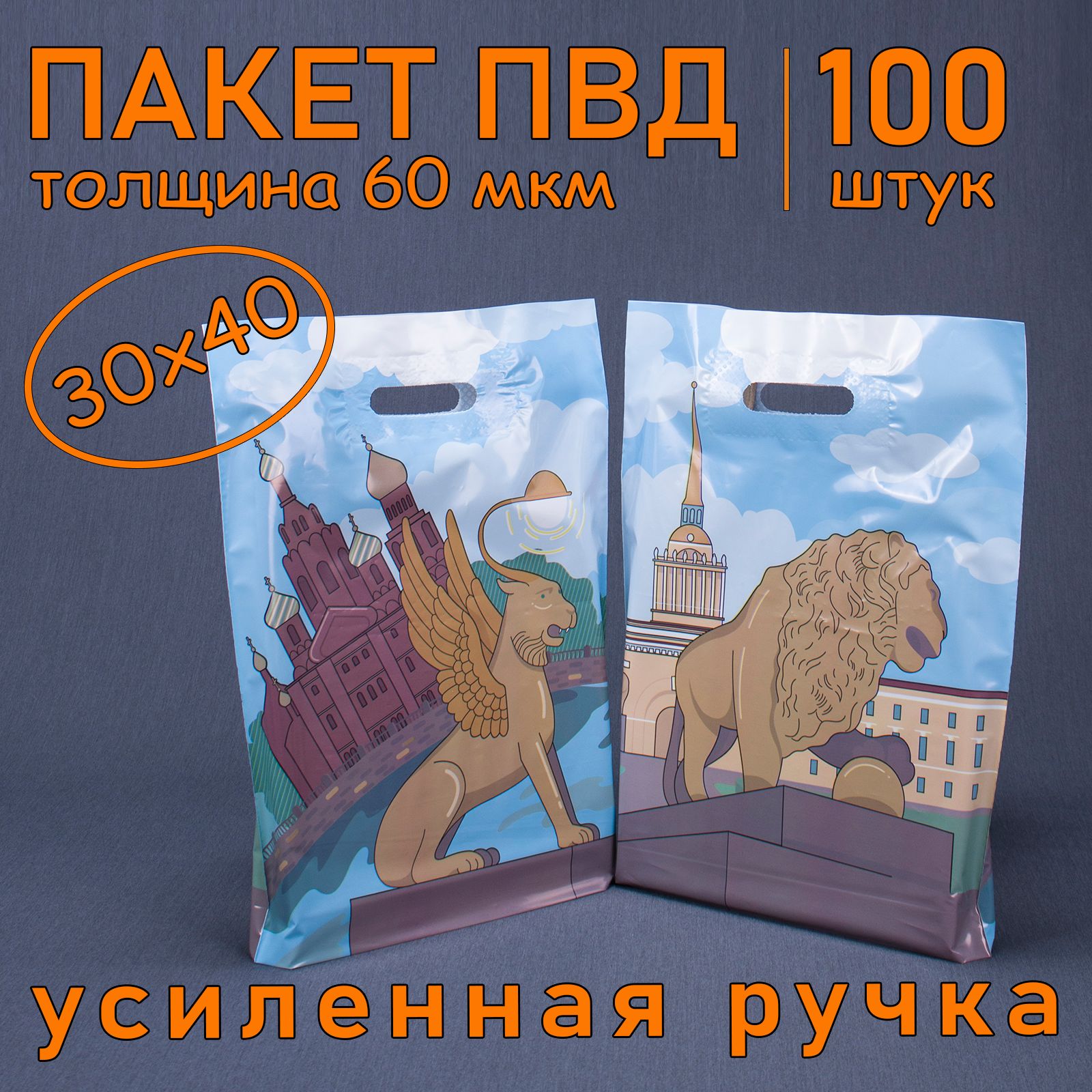 Пакет ПВД полиэтиленовый "Адмиралтейство" с вырубной усиленной ручкой, 60 мкм, 30 х 40 см, 100 шт. Подарочный пакет.