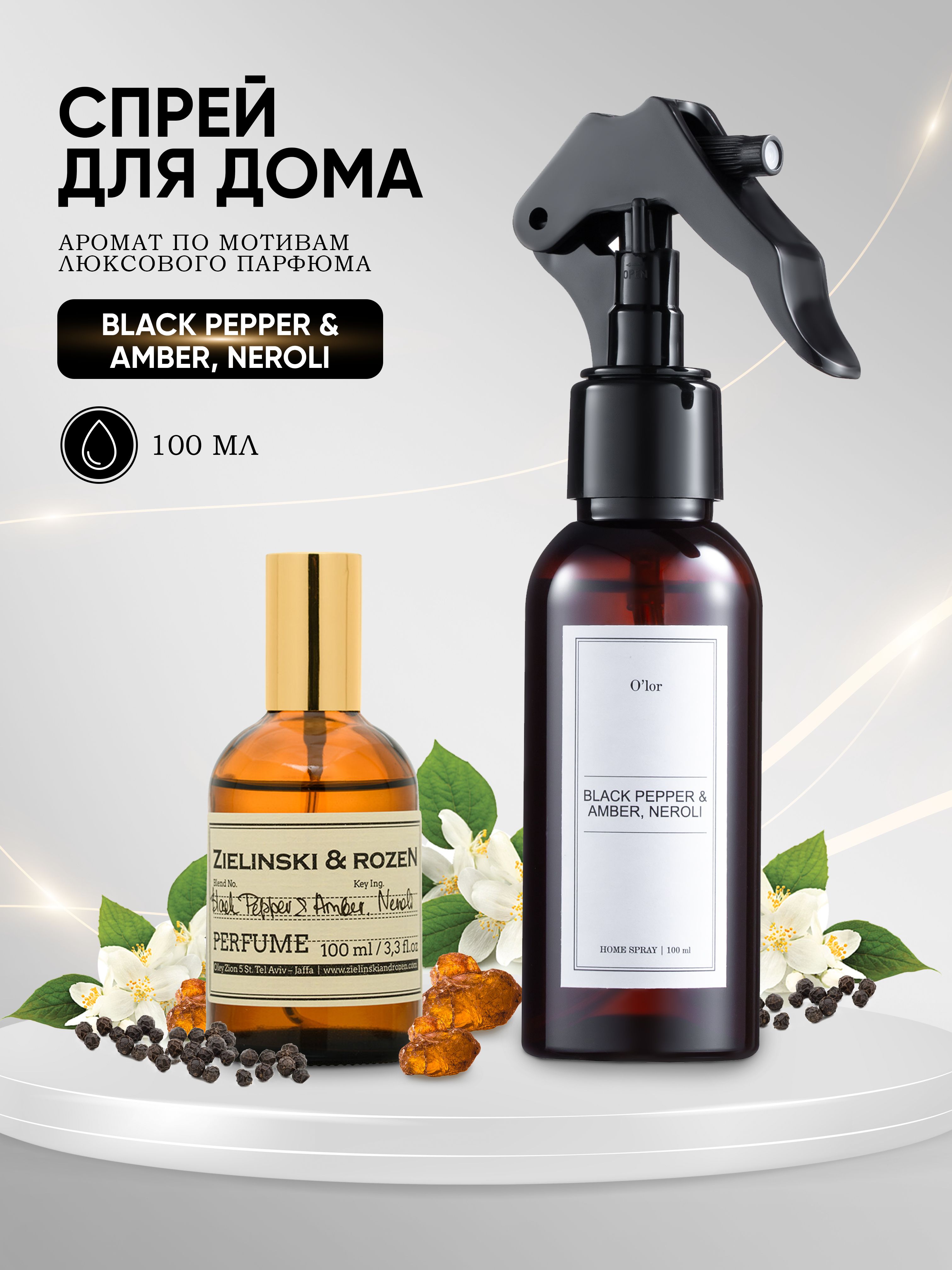 Парфюмированный спрей ароматизатор Black Pepper & Amber, neroli 100 мл