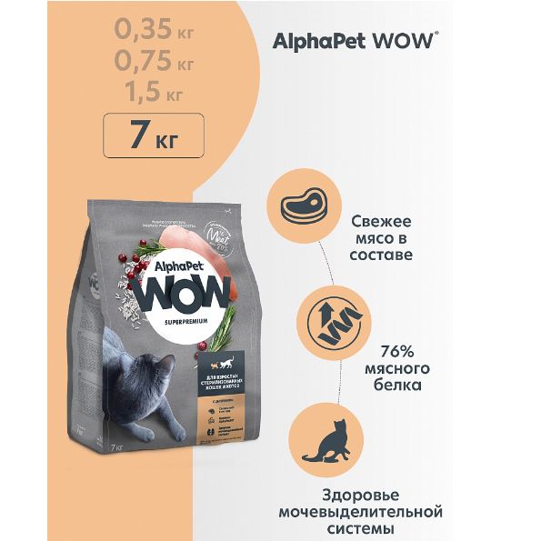 Сухой корм для кастрированных котов и стерилизованных кошек AlphaPet WOW Superpremium с цыпленком, 7 кг